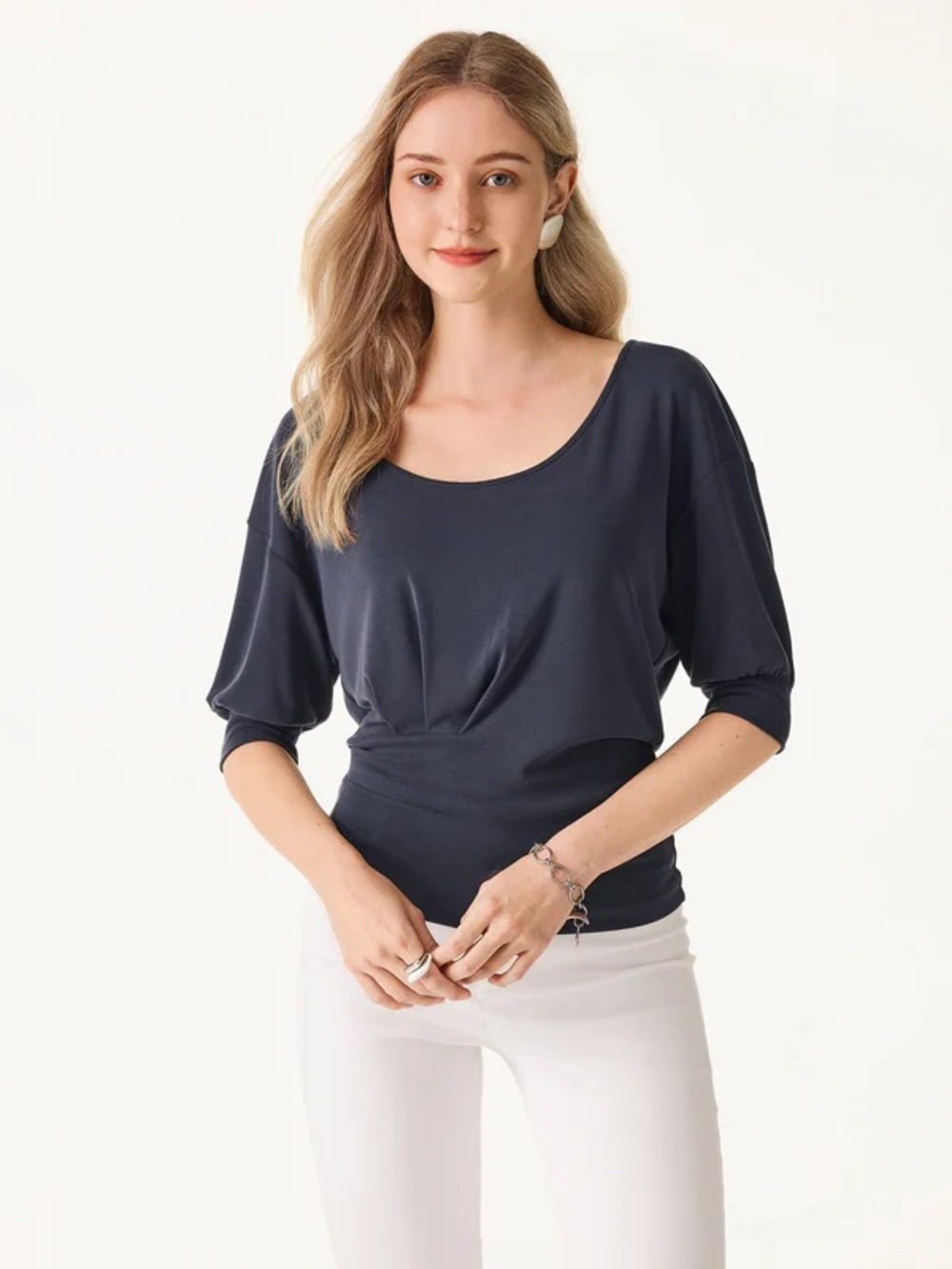 NWT OGL Sandwashed Scoop Neck Short Sleeve Tucked Tee IN NAVY.